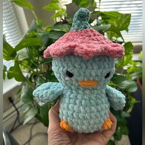 Easter Crochet Duck, Blue and Pink Flower hat! Handmade